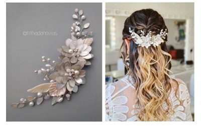 Tocado Berna XL Trihada: Bouquet Floral de Porcelana, Cristal y Perlas para Novias y Eventos
