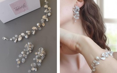 Conjunto de Joyas para Novias: Aros Cascada de Perlas y Pulsera Hojitas de Nácar | Trihada